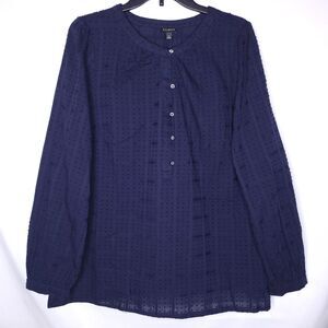 Talbots Top XL Navy Button Up Clip Dot